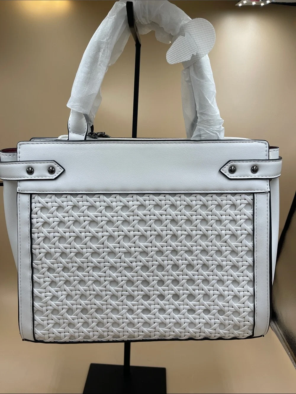 White Woven Panel Tote Bag - Women's Vegan Leather Handbag